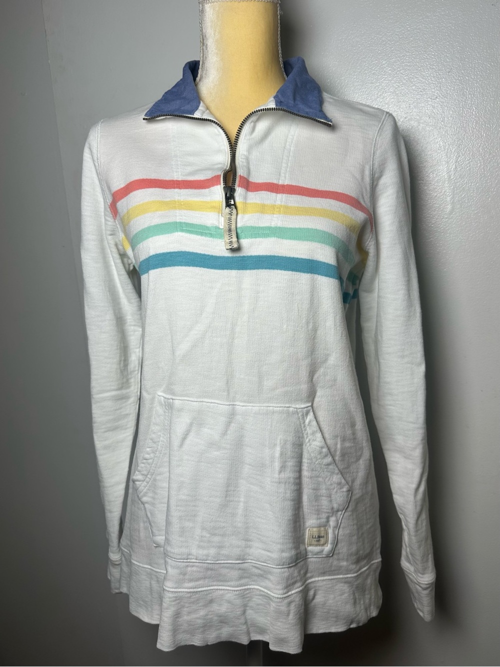 L.L.Bean 100% Organic Cotton Quarter-Zip Pullover - White with Rainbow Stripes -